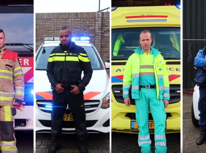 Een foto van de hulpverleners Sam, Dwight, Paul-Jan en Sermin