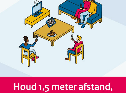 Getekende illustratie van een aantal mensen die bij elkaar zijn op oud en nieuw op 1,5 meter afstand. Houd 1,5 meter afstand, ook tijdens oud en nieuw.