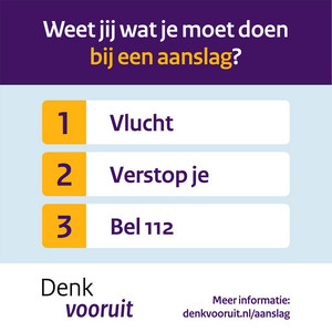 Banner over wat te doen bij een aanslag. Gaat naar website denkvooruit.nl