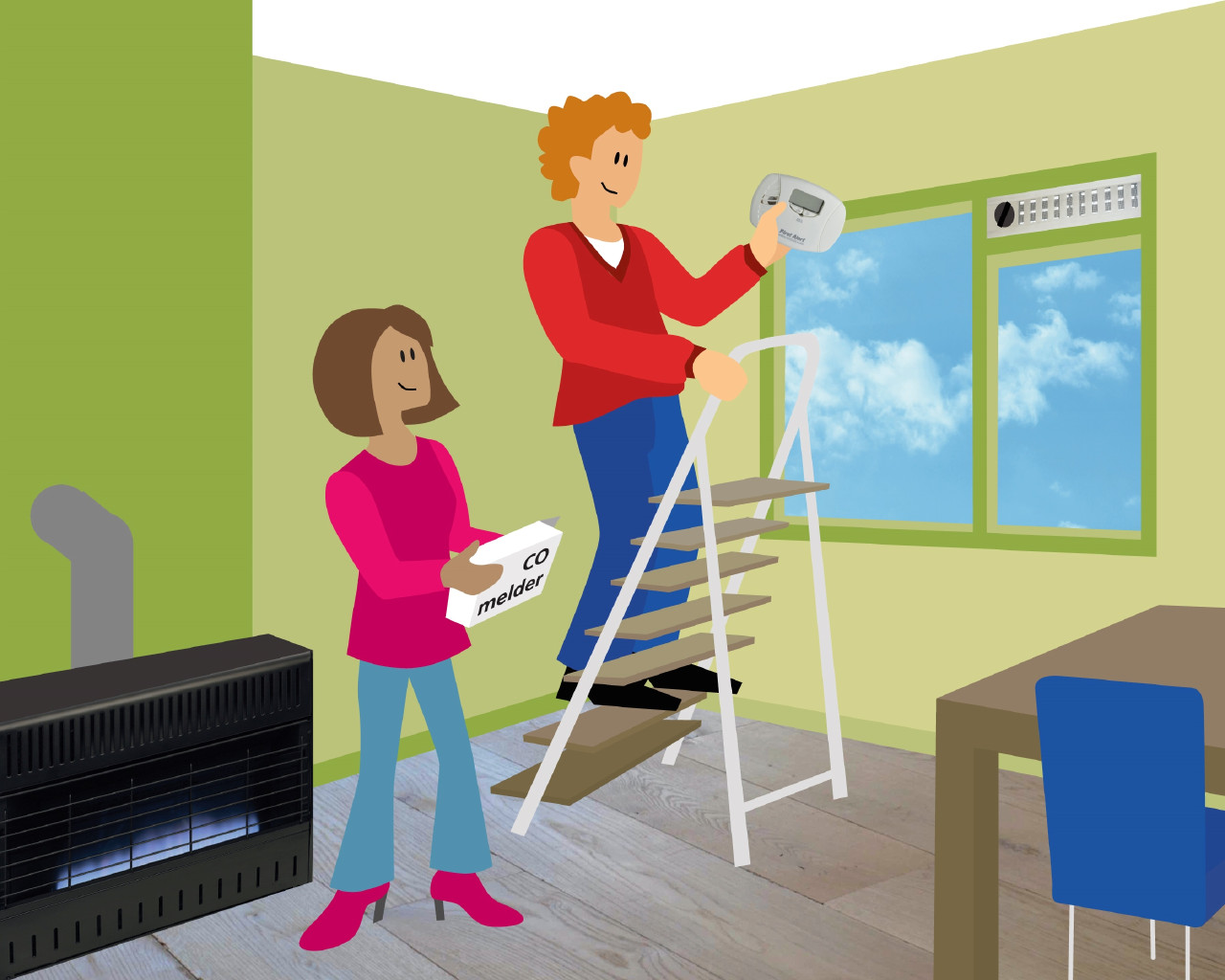 Getekende weergave van een man en vrouw die een koolmonoxidemeter ophangen