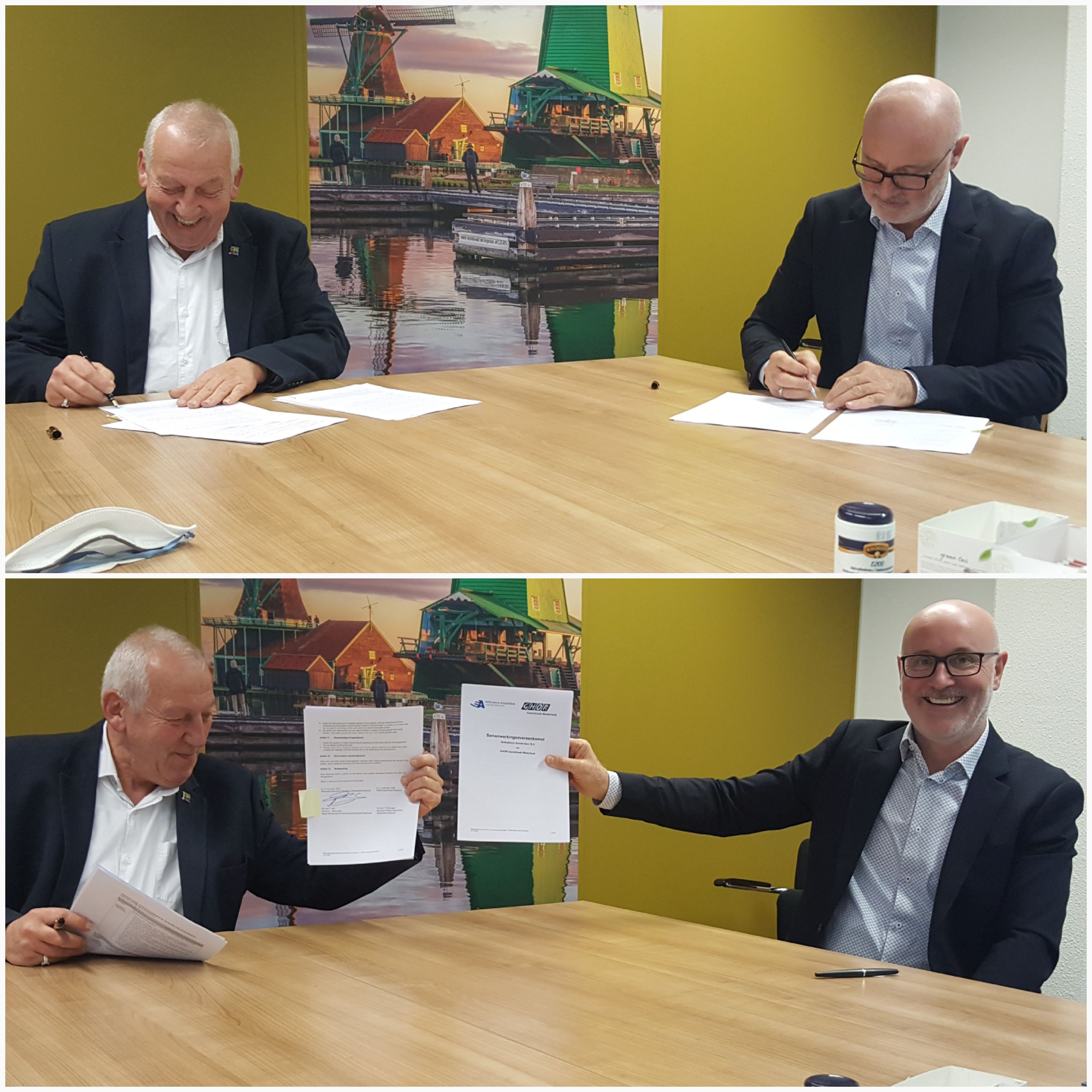 Ondertekening samenwerkingsconvenant door Frans Sier (directeur RAV Ambulance Amsterdam) en Ferdinand Strijthagen (Directeur Publieke Gezondheid). 