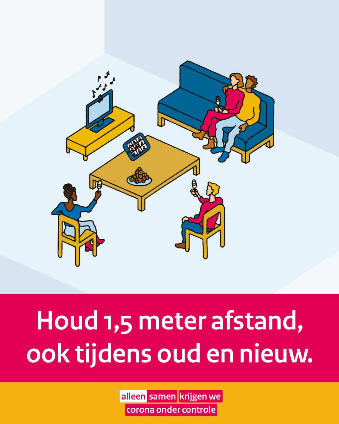 Getekende illustratie van een aantal mensen die bij elkaar zijn op oud en nieuw op 1,5 meter afstand. Houd 1,5 meter afstand, ook tijdens oud en nieuw.