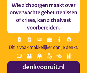 Banner met de tekst: "Wie zich zorgen maakt over onverwachte gebeurtenissen of crises, kan zich alvast voorbereiden. Dit is vaak makkelijker dan je denkt." Van denkvooruit.nl