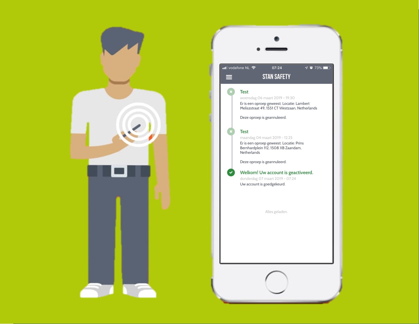 Getekende weergave van een man met een mobiele telefoon die de Stan app heeft geactiveerd